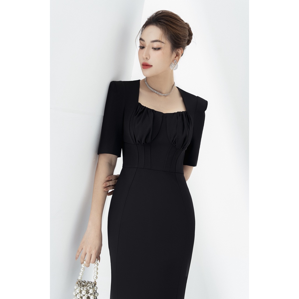 Váy Nữ Chất Liệu Chéo Ý Cộc Tay Cổ Vuông Xếp Ly Ngực Thanh Lịch Công Sở Đi Tiệc Đi Chơi By LEMIA Design - 22V055