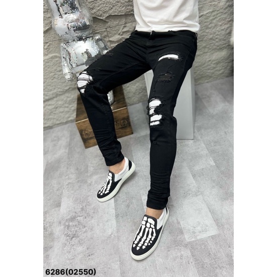 Quần jean nam rách gối vá nhăn trắng,quần bò vá nhăn màu trắng dáng slimfit khâu viền phần vá chắc chắn