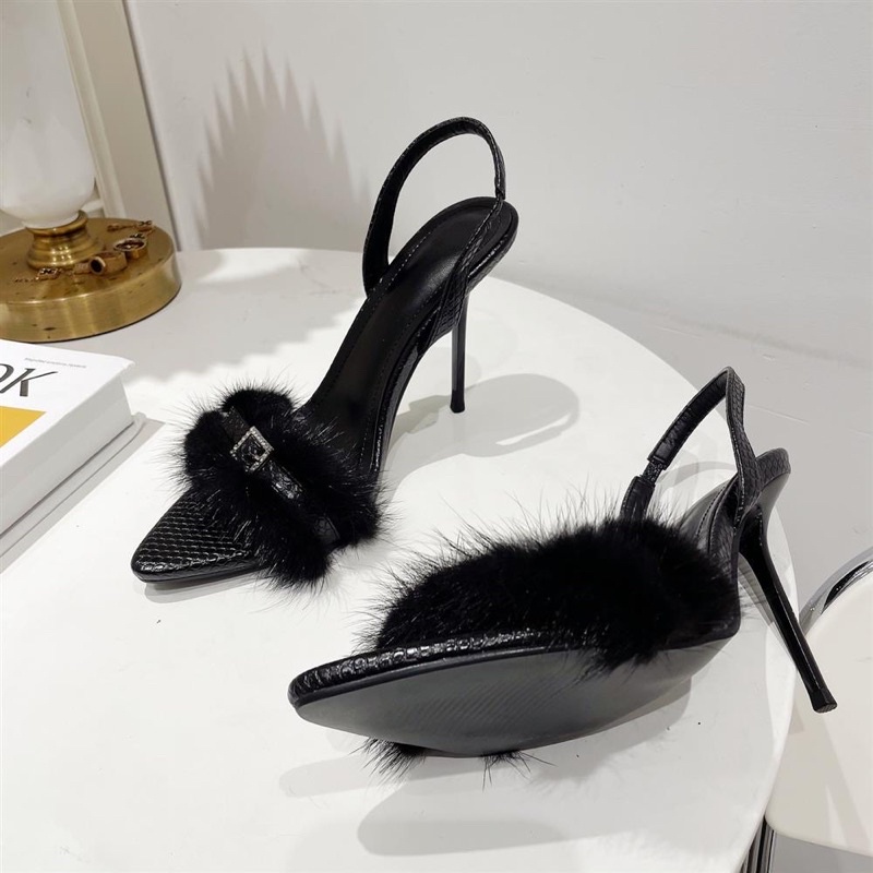 Sandals Cao Gót Da Rắn Đính Lông Cao 8cm