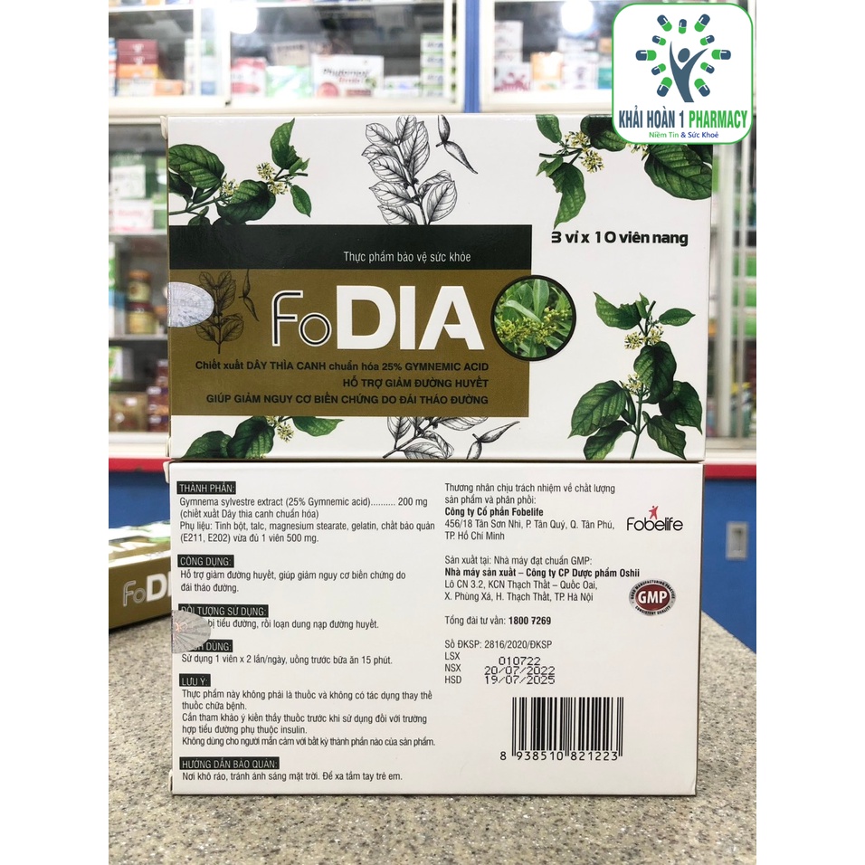Viên uống ổn định đường huyết FODIA chiết từ dây thìa canh chuẩn hóa 25% Gymnemic Acid - Hộp 30 viên