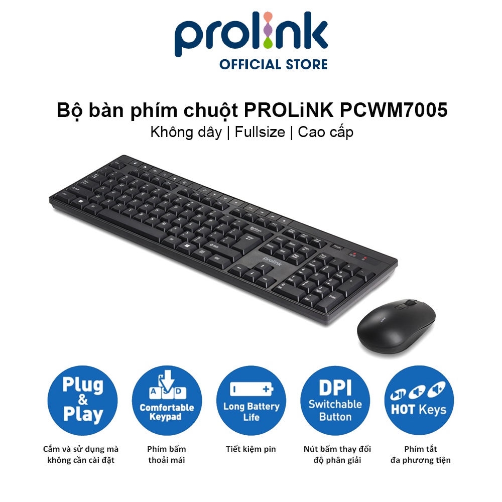 Bộ bàn phím chuột không dây PROLiNK PCWM7005 Fullsize cao cấp, chống thấm nước, thời lượng pin cao dành cho PC, Laptop