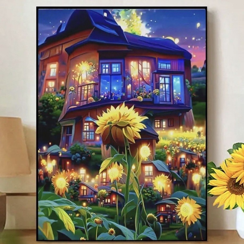 (VẢI KIM TUYẾN 9CT) Tranh thêu chữ thập phong cảnh lâu đài hoa hướng dương HH6512