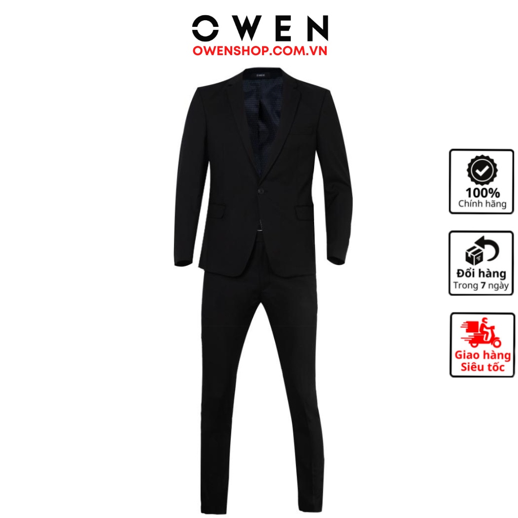 Bộ veston công sở nam cao cấp OWEN VES220959 vest comple màu đen trơn vải polyester suit dáng suông một cúc tà xẻ hông