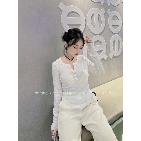 Áo thun gân tăm nút gài dài tay form ôm body, Áo dài tay vạt bầu phối khuy nữ Thun kiểu dáng ôm body bánh bèo tiểu thư