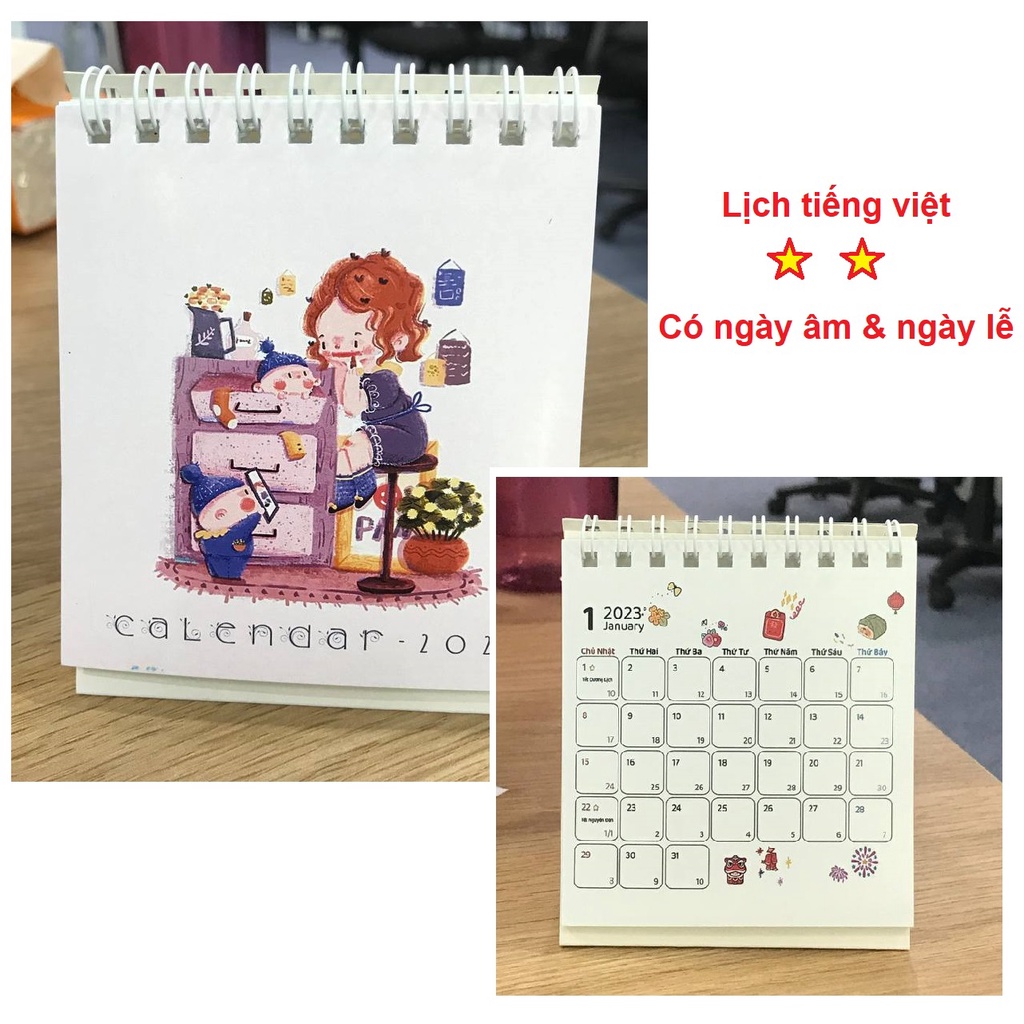 Lịch để bàn mini 2023 Tiếng Việt có ngày âm và ngày lễ hoạ tiết cute dễ thương