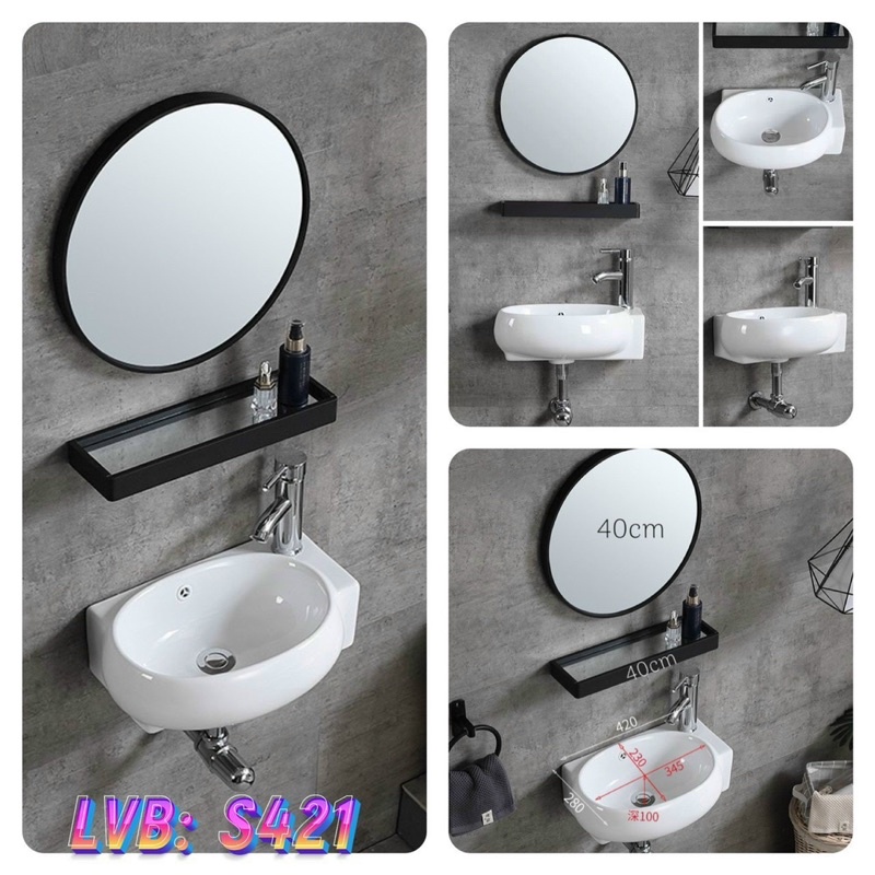 Chậu lavabo rửa mặt hoa văn đi kèm gương và kệ
