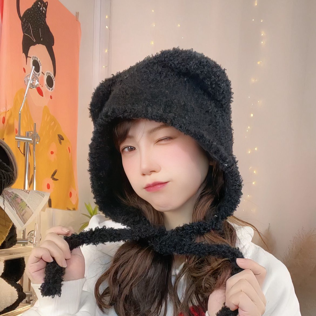 Mũ Len Dệt Kim Dày Dặn Giữ Ấm Tai Hình Gấu Dễ Thương Phong Cách Hàn Quốc Cho Nữ