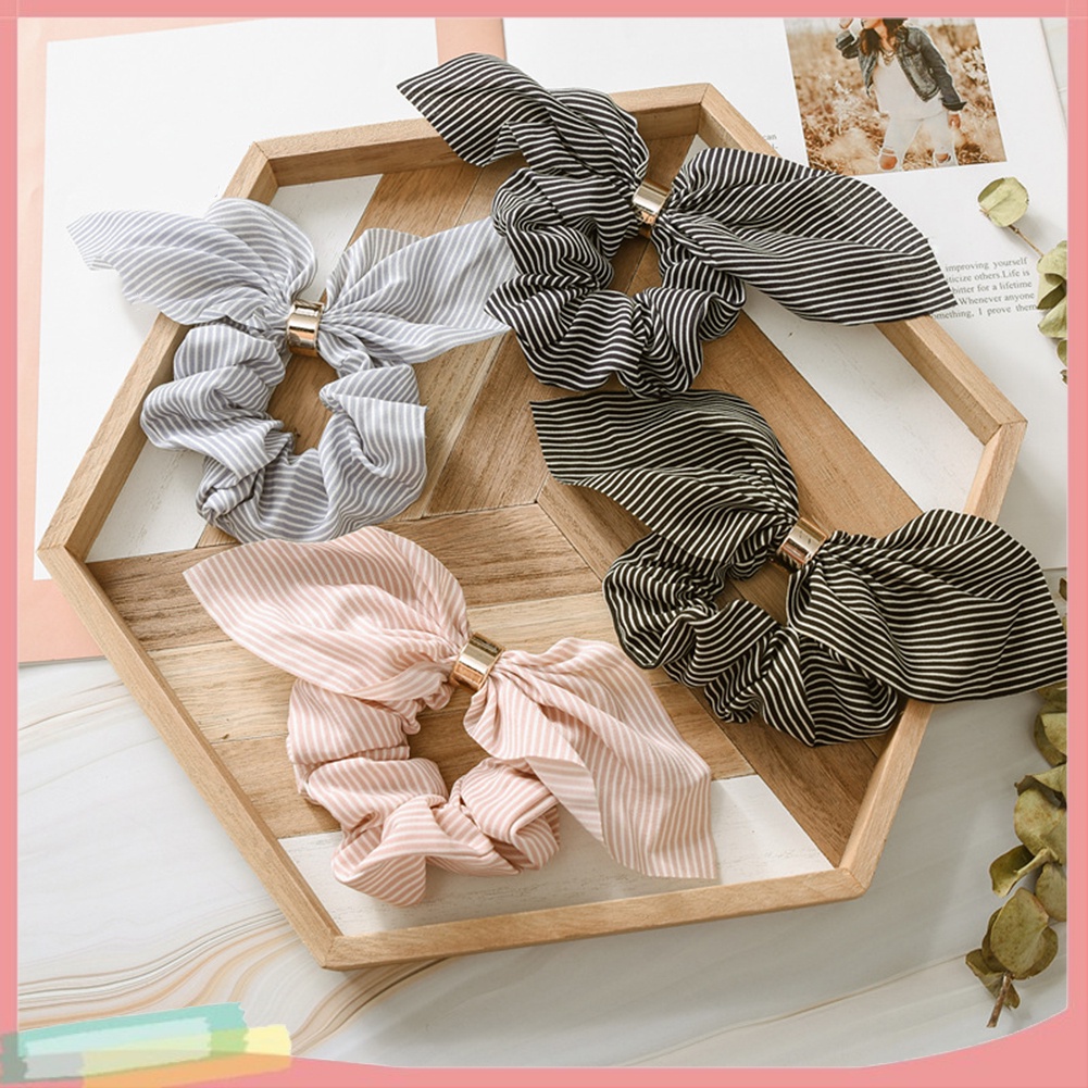 Dây buộc tóc đính tai thỏ và sọc hợp thời trang