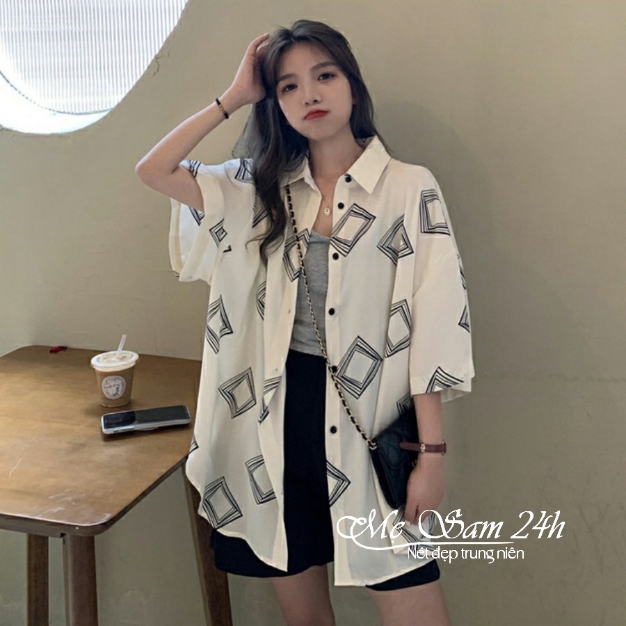 Áo sơ mi nữ form rộng tay lỡ freesize Mẹ Sam 24h chất liệu đũi mềm mát họa tiết in hình Ô Vuông Đen Trắng