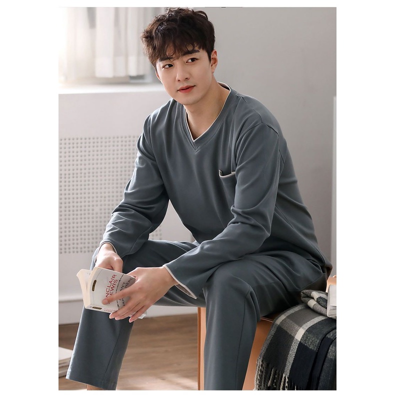 Bộ Đồ Ngủ Vải Cotton Mỏng Tay Dài Dáng Rộng Màu Sắc Đơn Giản Thời Trang Xuân Thu Cho Nam