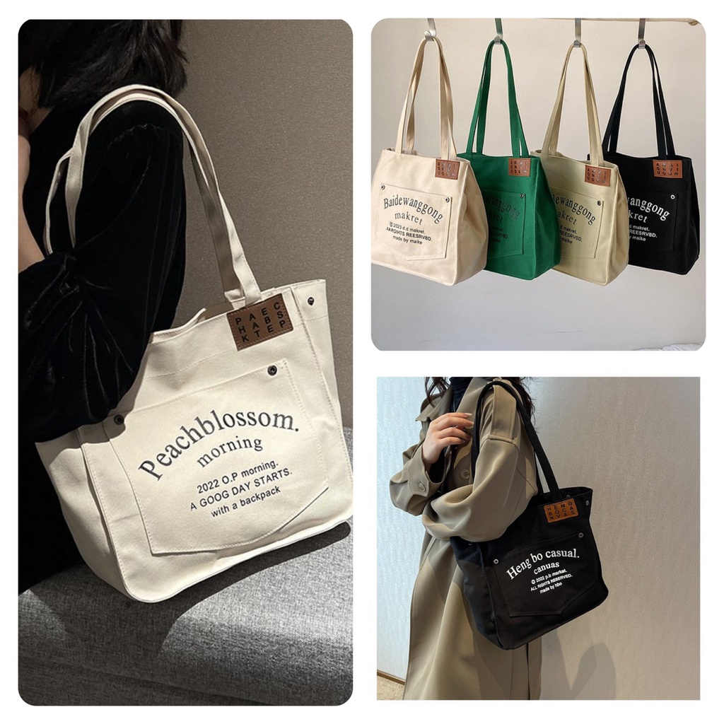 Túi tote túi vải canvas phong cách Hàn quốc, có ngăn phụ thời trang ulzzang-Haka store