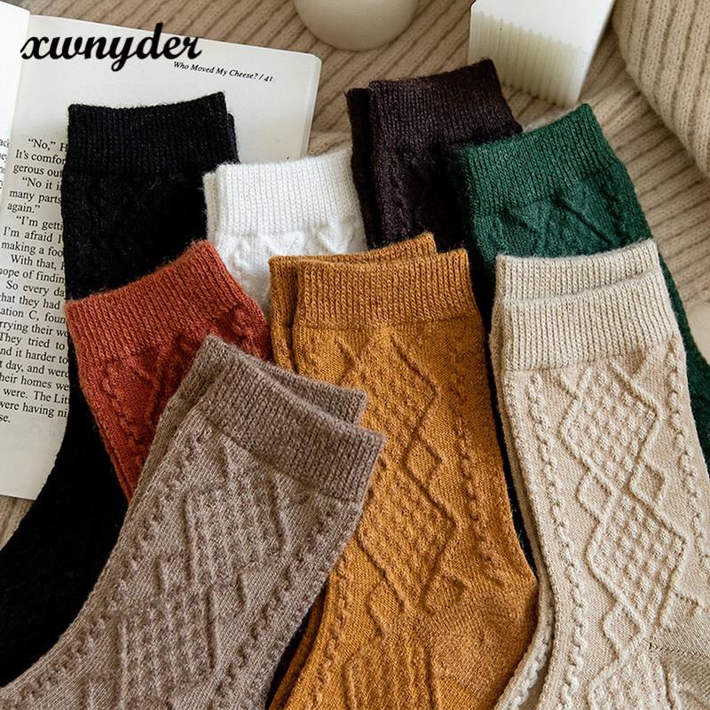 Vớ Len Dài Trung Bình Màu Trơn Họa Tiết Kim Cương Đơn Giản Phong Cách Nhật Bản Giữ Ấm Mùa Thu Đông Đa Năng XWNYDER
