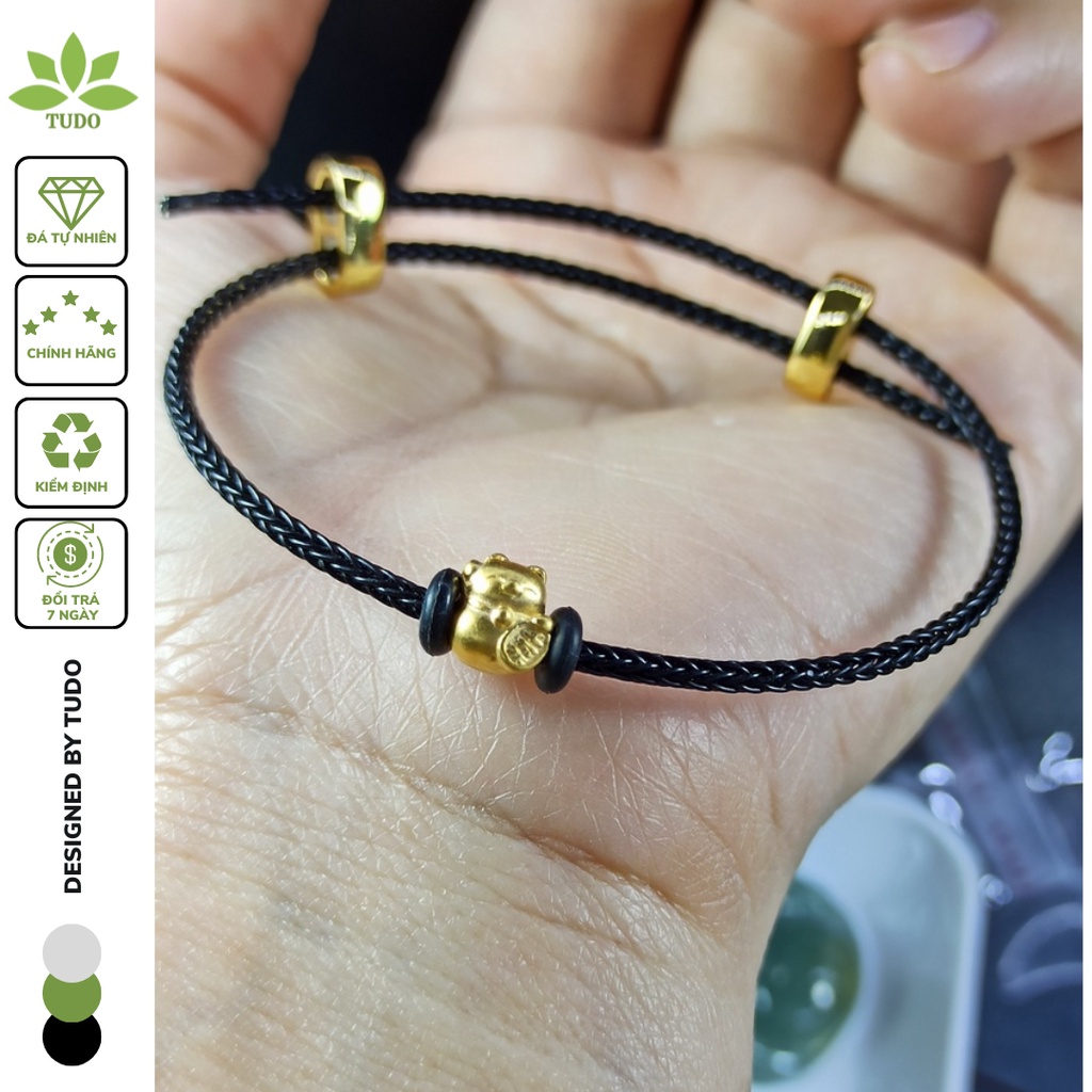 Vòng Tay Nữ charm Au24K Mèo Thần Tài mix dây cáp đen freesize TUDO - Vòng phong thủy