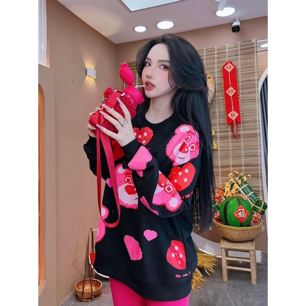 Set Bộ Đồ Nữ Áo Thun Dâu Kèm Gấu  + Quần Legging Dài