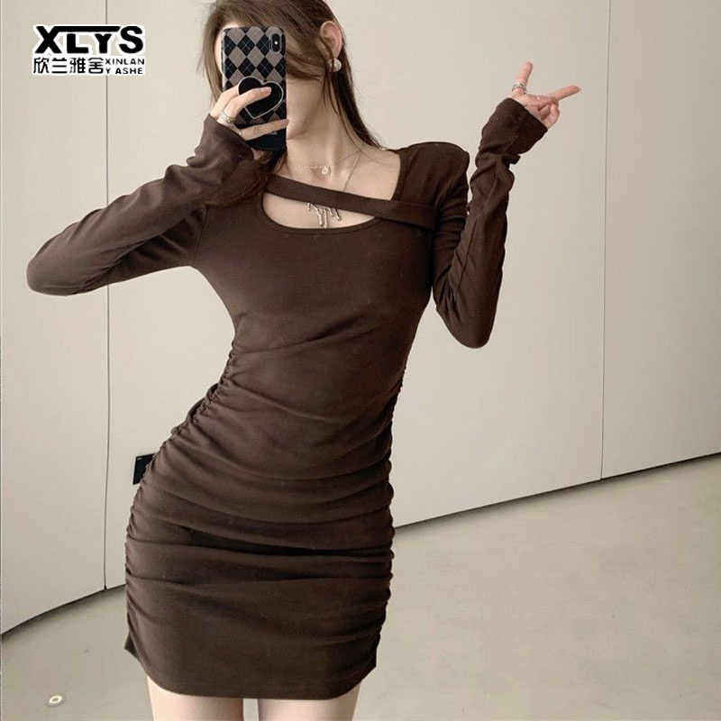 Đầm XINLANYASHE ôm dáng tay dài xếp ly gợi cảm thời trang cho nữ