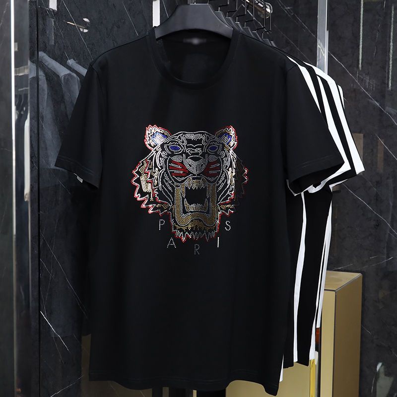 Áo Thun Cotton Ngắn Tay Cổ Tròn In Hình Hổ Đính Đá Phong Cách Đường Phố Cho Nam