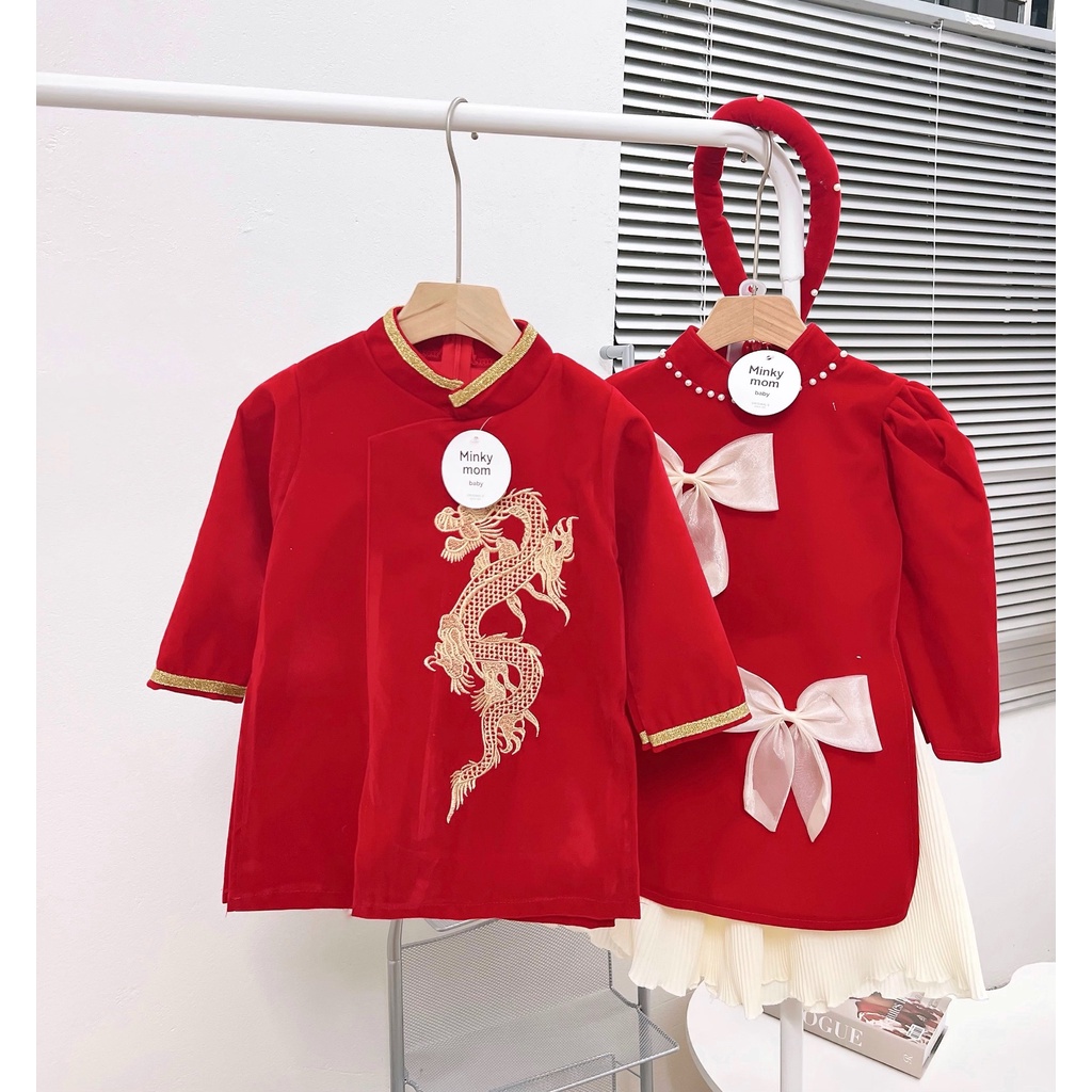 (8-20kg)Set áo dài cách tân nhung đỏ đính nơ - thêu rồng cho bé trai và gái du xuân(ảnh thật)