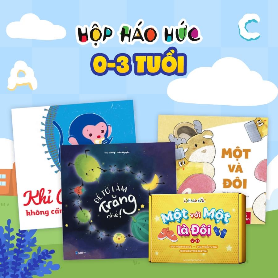 Hộp Háo Hức Mặt Trăng Kỳ Diệu cho bé từ 0 - 3 tuổi gồm 3 cuốn sách và trò chơi Một Với Một Là Đôi