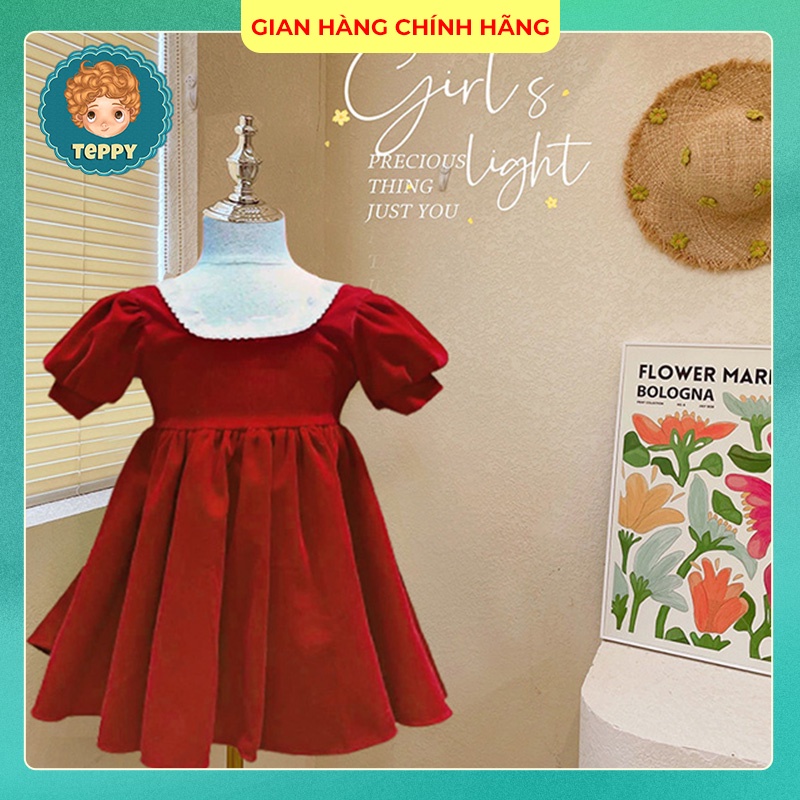 Đầm nhung đỏ nơ phối ren ngọc cho bé gái