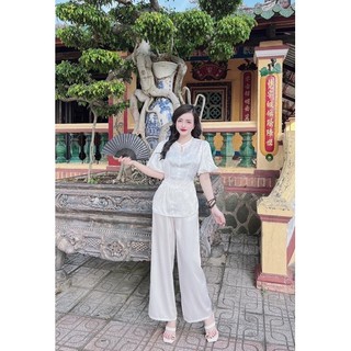 Bộ Lam Gấm Tay Phồng Quần Lụa