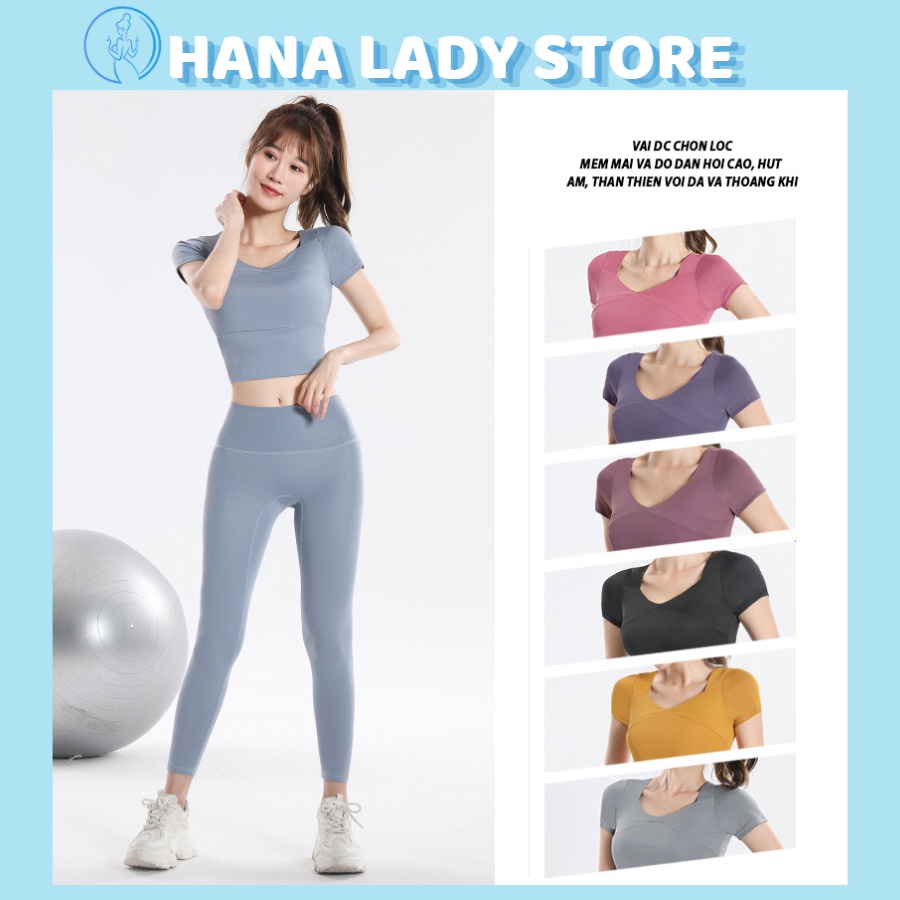 Set đồ tập gym, yoga nữ - áo bra thể thao croptop có tay, quần lưng cao, kèm mút nâng ngực tiền dụng BTG01