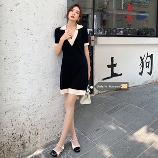 Váy polo body đen phối cổ viền trắng đầm nữ đi chơi free size 40kg-53kg