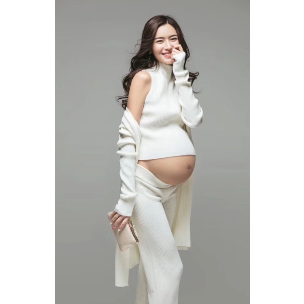 Set áo quần dệt kim dáng ôm màu đen làm đạo cụ chụp ảnh thời trang dành cho mẹ bầu CA76