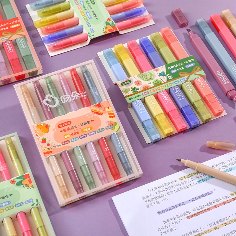 Set 6 bút highlight thân vuông 2 đầu Lonita bút nhớ màu pastel dễ thương BH04