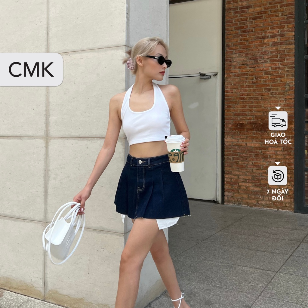 Chân váy jean xếp ly CHICMONKI lộ túi trong MÀU ĐẬM- Jeans Skort CMJ1369