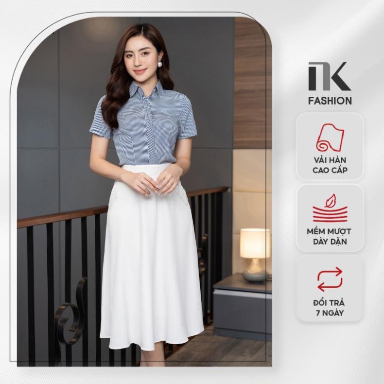 Áo Sơ Mi Nữ Công Sở Thiết Kế Họa Tiết Caro Đẹp Ngắn Tay Vải Hàn Cao Cấp Không Nhăn Nhàu NK FASHION .