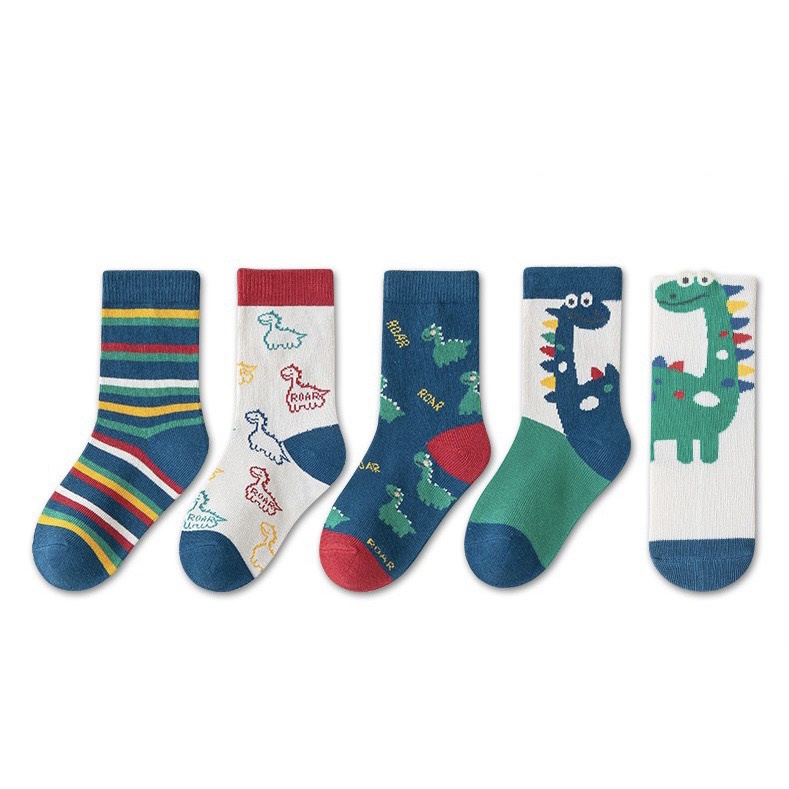 Set 5 đôi vớ cho bé trai hình khủng long dễ thương, tất trẻ em thoáng mát