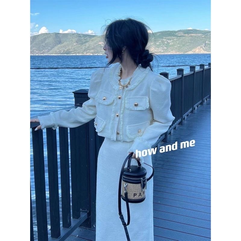 Set dạ tweed gồm Áo khoác + chân váy dáng dài nữ tính