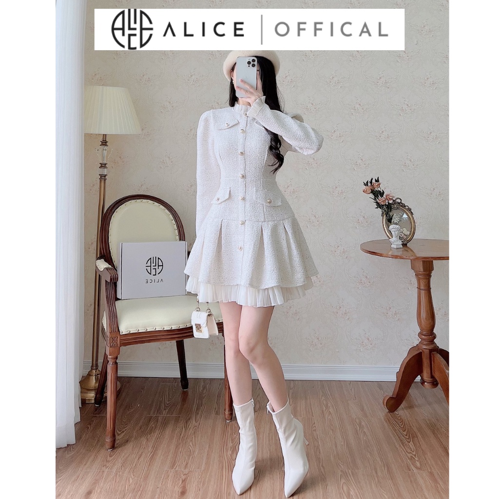 Váy Dạ Tweed Tiểu Thư ALICE Set Váy Dạ Tay Dài, Váy Tết, Váy Mùa Đông Nữ Thiết Kế Kim Sa Phối Tơ Nhũ Dáng Xoè V1059