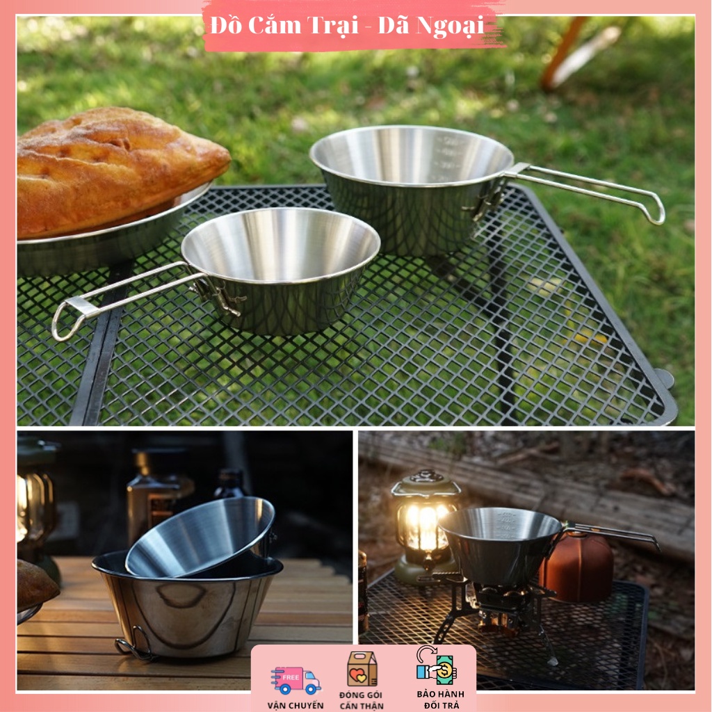 Bát gấp bằng thép không gỉ có túi đựng, Chén/tô gấp gọn di động bát cơm siêu nhẹ inox 304 cắm trại dã ngoại phượt