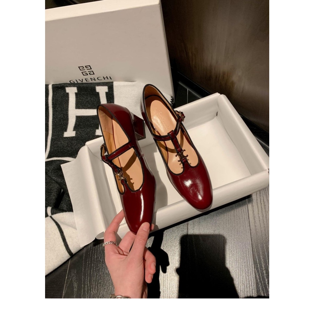 Giày cao gót da mũi tròn phối dây chữ T phong cách Pháp retro