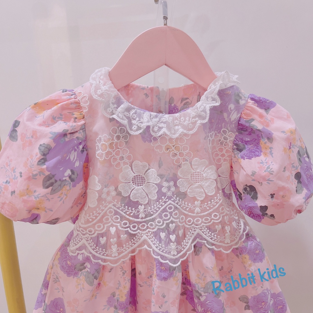 Đầm Bé Gái Size Đại 8-40kg💝FREESHIP💝 Rabbit Kids- Váy Công Chúa Hoa Tím Ren Bản To Cho Bé 5,6,7,8,9,10 tuổi