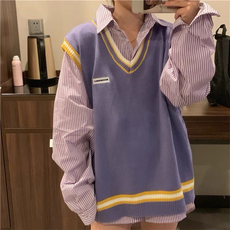 Áo gile xanh học sinh form rộng vintage dáng dài - 001