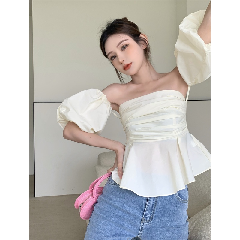 Áo Croptop Trễ Vai Tay Phồng Dài Màu Trơn Thời Trang Hàn Quốc 2023 Quyến Rũ Cho Nữ