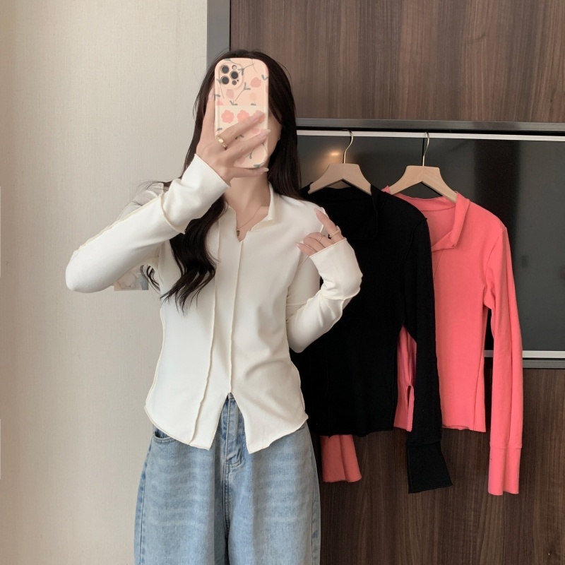 Áo thun nữ ZHELIHANGFEI tay dài cổ chữ v màu sắc đơn giản