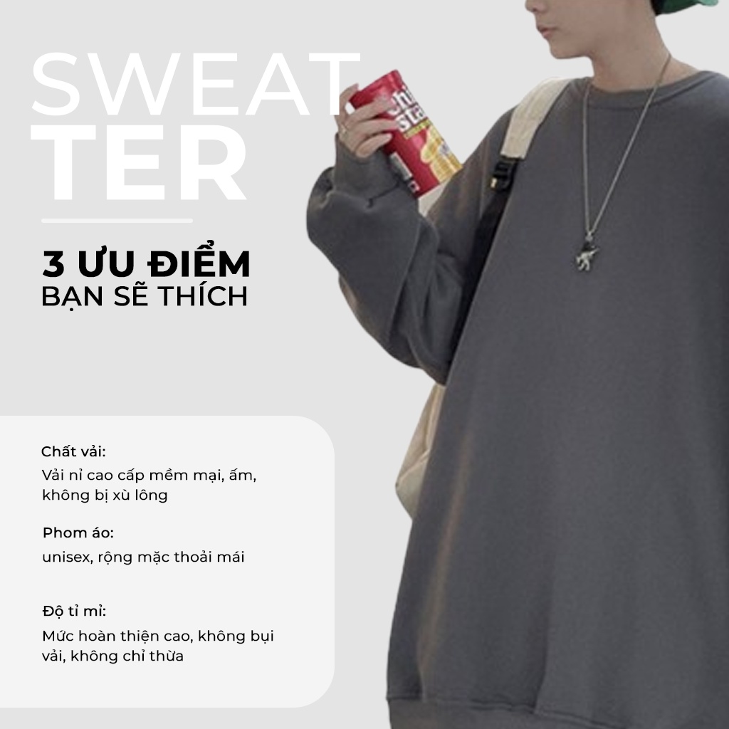 Áo Sweater Nỉ Bông Nam, Nữ Basic Form Rộng Unisex Màu Xám SWT 900 Unichic
