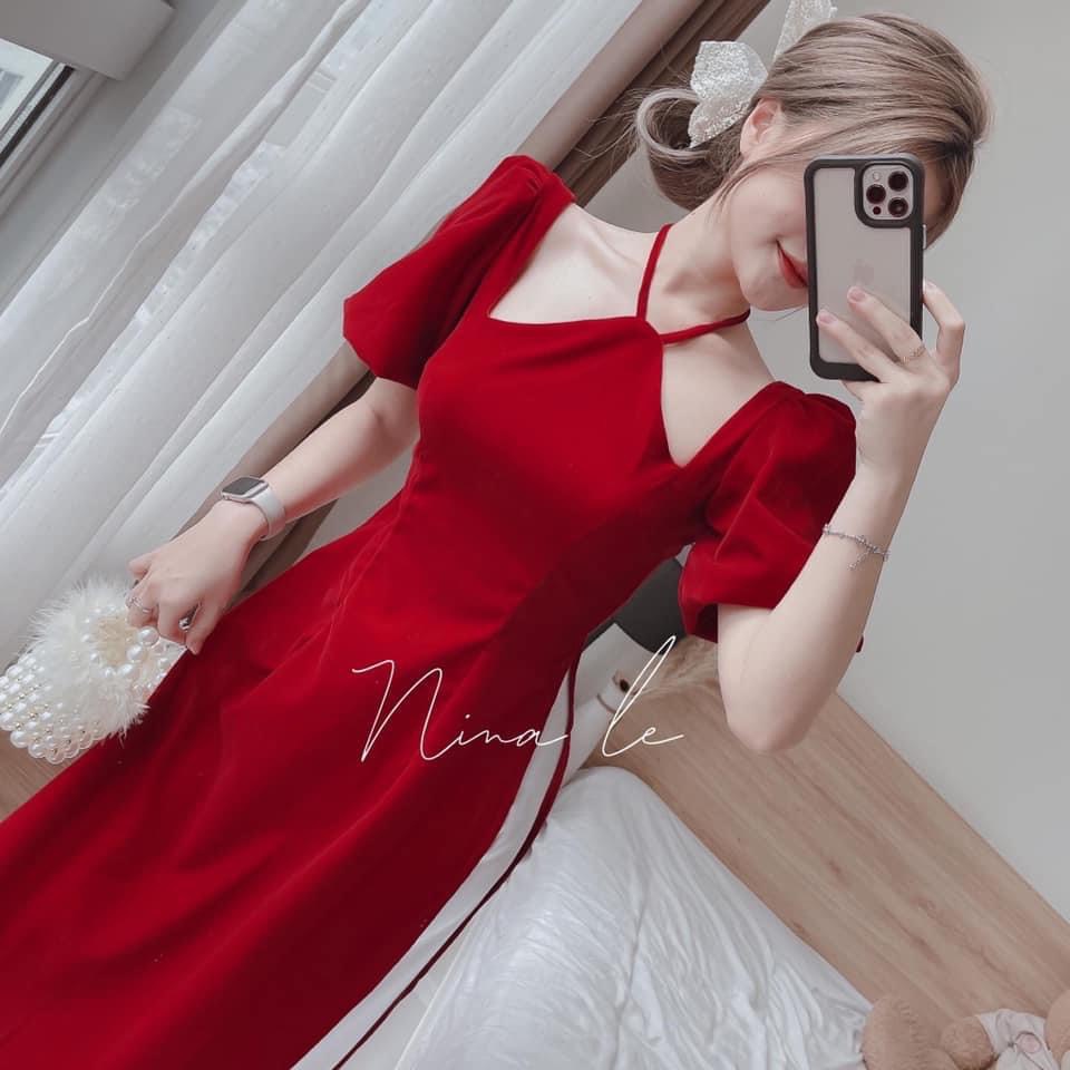 Bộ áo dài đỏ phối quần trắng ,tay ngắn phồng vai cổ yếm xẻ tà thời trang nữ duyên dáng dịu dàng