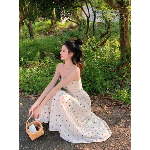 Đầm midi thêu hoa nhí không tay bo chun lưng phong cách tiểu thư Hàn Quốc