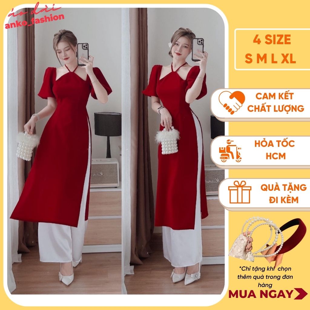 Áo dài cách tân nữ, Áo dài cổ yếm tay phồng trơn màu đỏ mặc lế tết noel thiết kế đẹp có size quần suông trắng