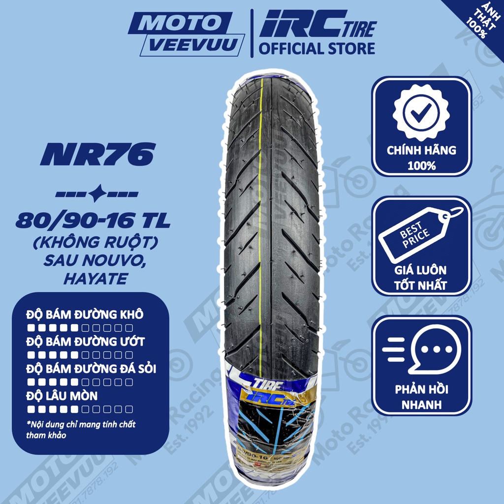 Vỏ lốp xe máy IRC INOUE 80/90-16 TL NR76 Sau Nouvo (Lốp không ruột)