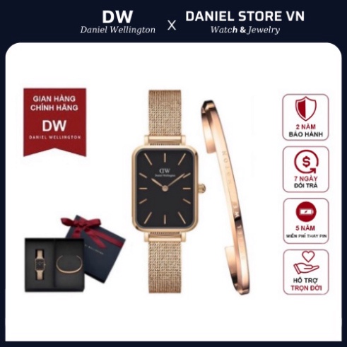 . Đồng Hồ Nữ Daniel Welington Quadro Pressed Melrose Black & Vòng Tay Classic Cuff V1 DW Chính Hãng - DanielStoreVn .