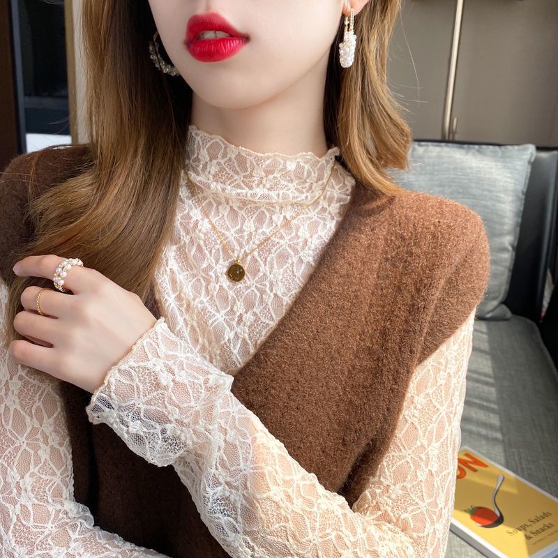 Áo Ren Cổ Cao Tay Dài Dáng Ôm Màu Trơn Phong Cách Thời Trang Mới Dành Cho Nữ