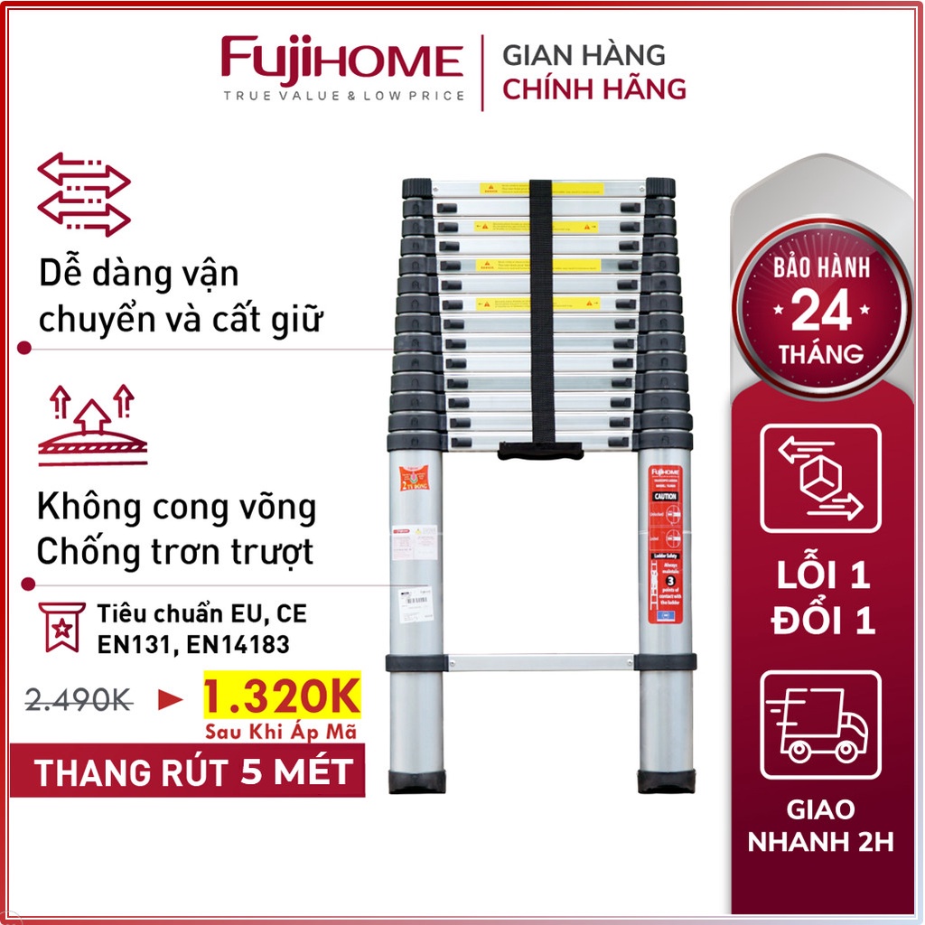 Thang nhôm rút đơn Nhập Khẩu 3,8M - 5M gấp gọn chính hãng FUJIHOME, thang rút xếp gọn gia đình đa năng Nhật Bản