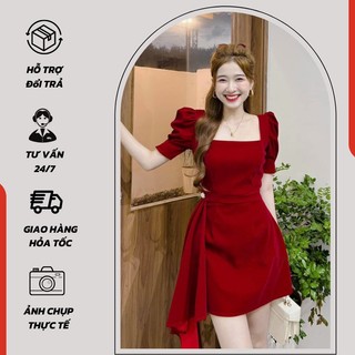 Đầm nhung cổ vuông phối bèo siêu xinh thời tra 2 màu đen, đỏ cao cấp