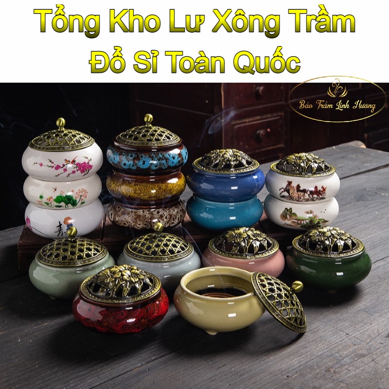 ( BÁN SỈ ) Lư Xông Nụ Trầm Hương - Đỉnh Đốt Nhang Vòng Phong Thủy Đồ Thờ Cúng Bằng Gốm Sứ Vân Rạn Kèm Lót Đế