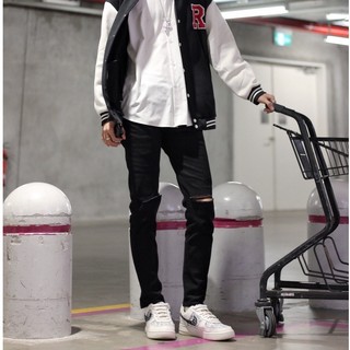 Quần jean nam rách gối co giãn trơn màu đen phom ôm dáng slimfit skinny Pon.mens denim